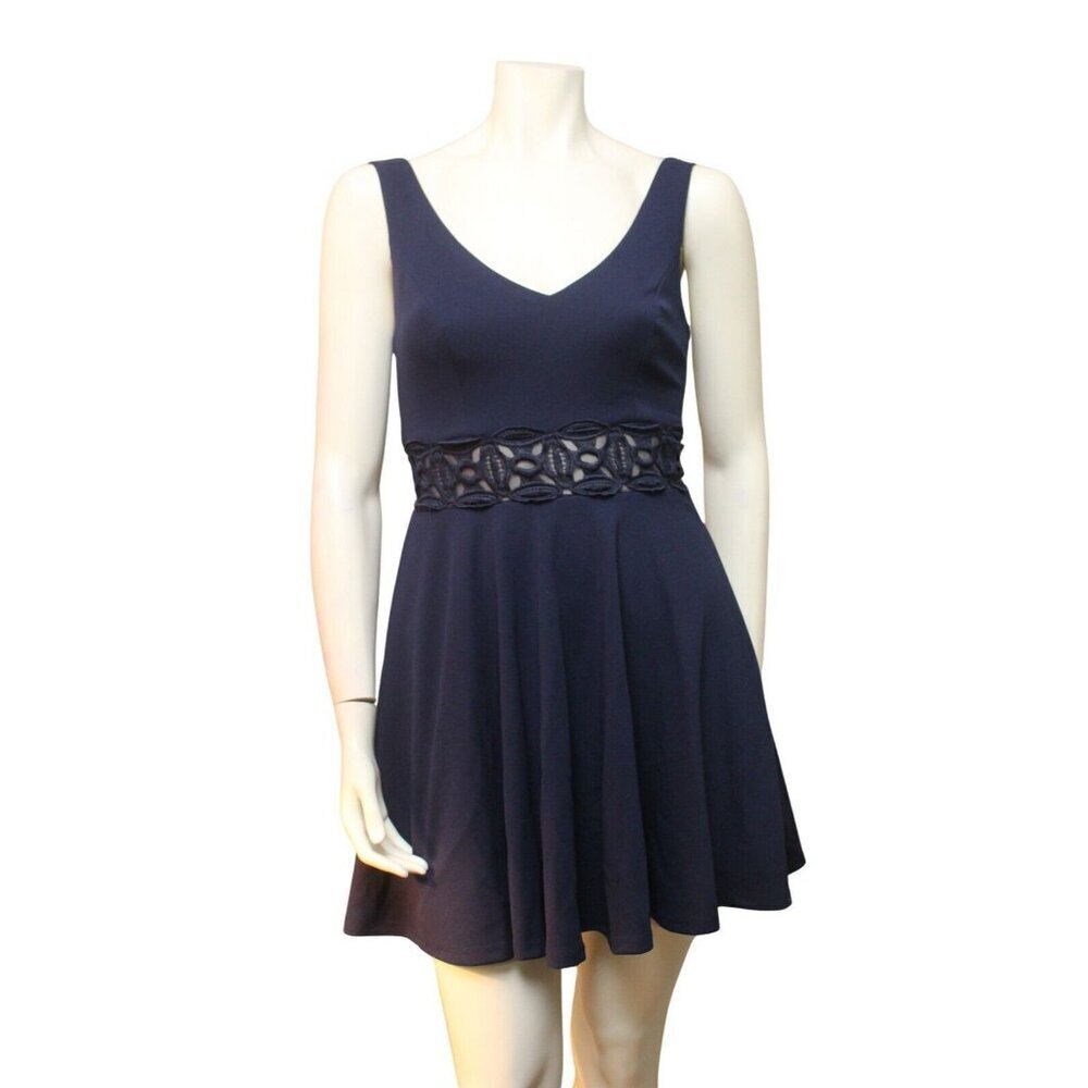 B. Darlin Navy Blue Belted Sheer Lace Fit & Flare Sleeveless Dress Size 7/8
